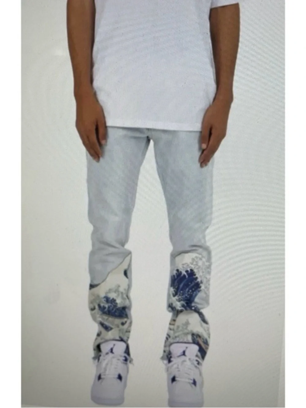MNML Jeans Retro Ocean Waves Mountain Art Washed Denim Pants